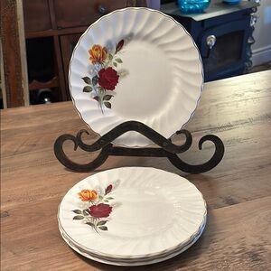 🔥🔥🌹MYOTT IRONSTONE- RED & YELLOW ROSE PATTERN DESSERT PLATES ENGLAND SET 4💕